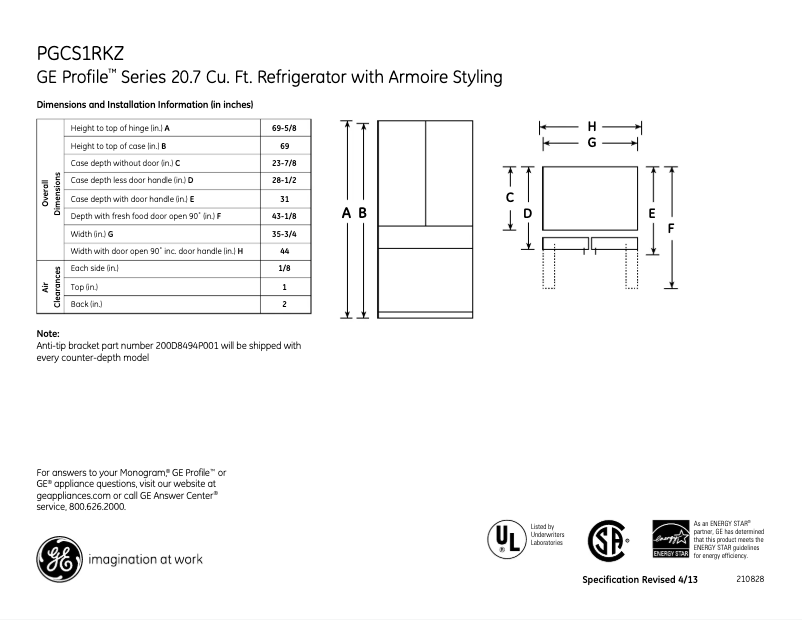 Page 1 of the manual Technical Sheet GE PGCS1RKZSS
