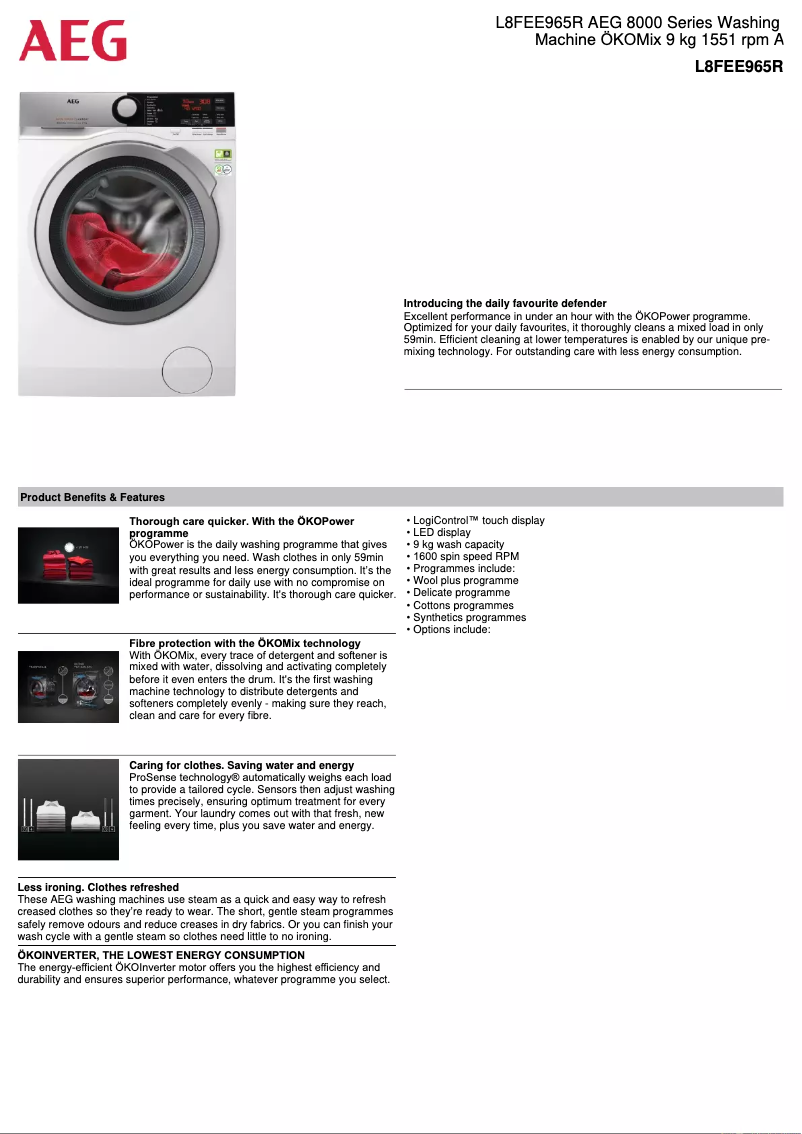 Page 1 de la notice Fiche technique AEG L8FEE965R
