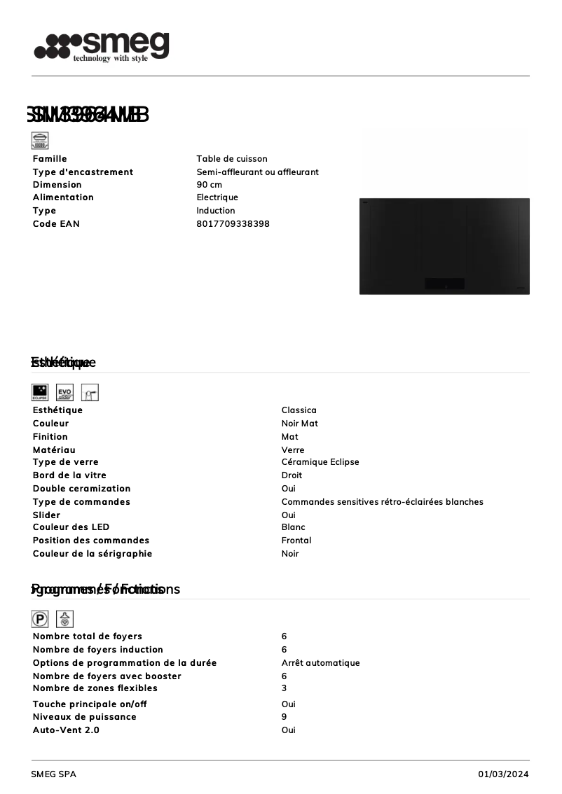 Page 1 de la notice Fiche technique Smeg SIM3964MB