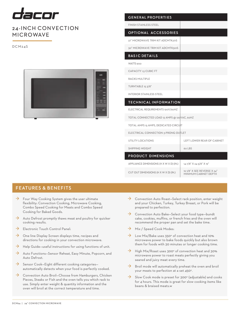 Page 1 de la notice Fiche technique Dacor DCM24S