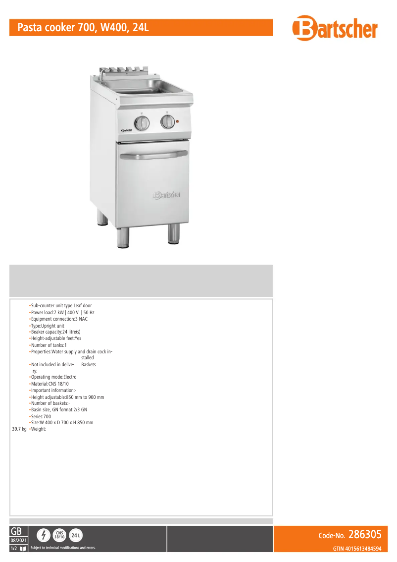 Página 1 del manual Ficha técnica Bartscher 286305