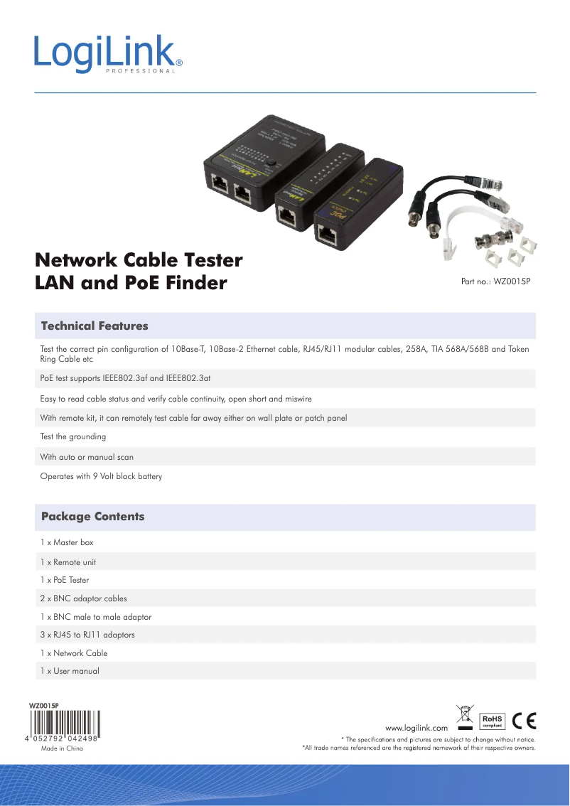 Page n°1 - Manuel utilisateur LogiLink WZ0015P