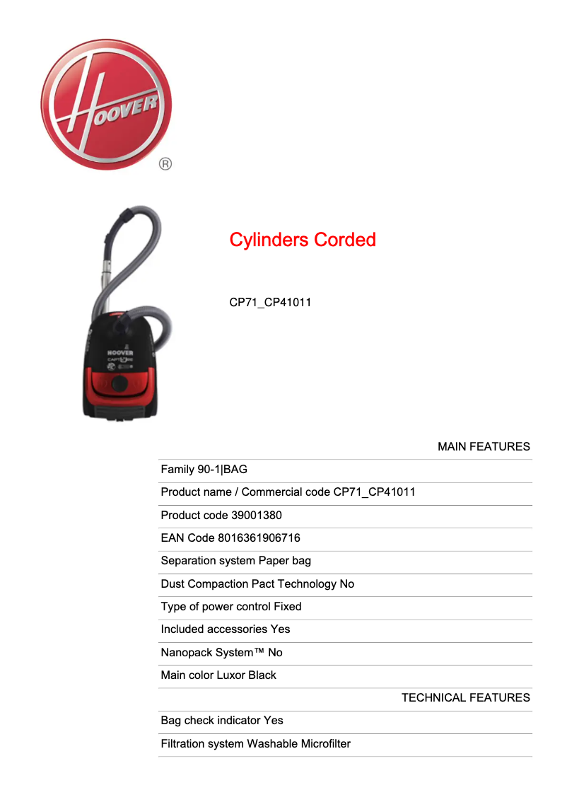 Page 1 de la notice Fiche technique Hoover CP71_CP41011