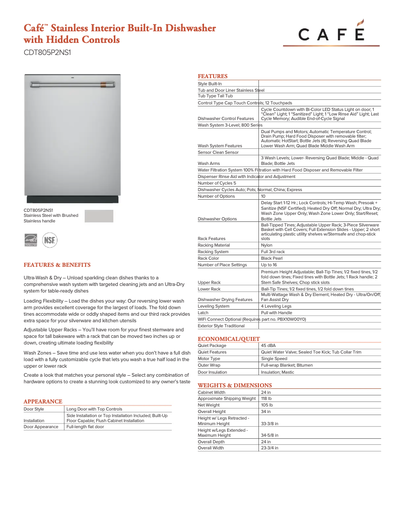 Page 1 de la notice Fiche technique GE CDT805P2NS1
