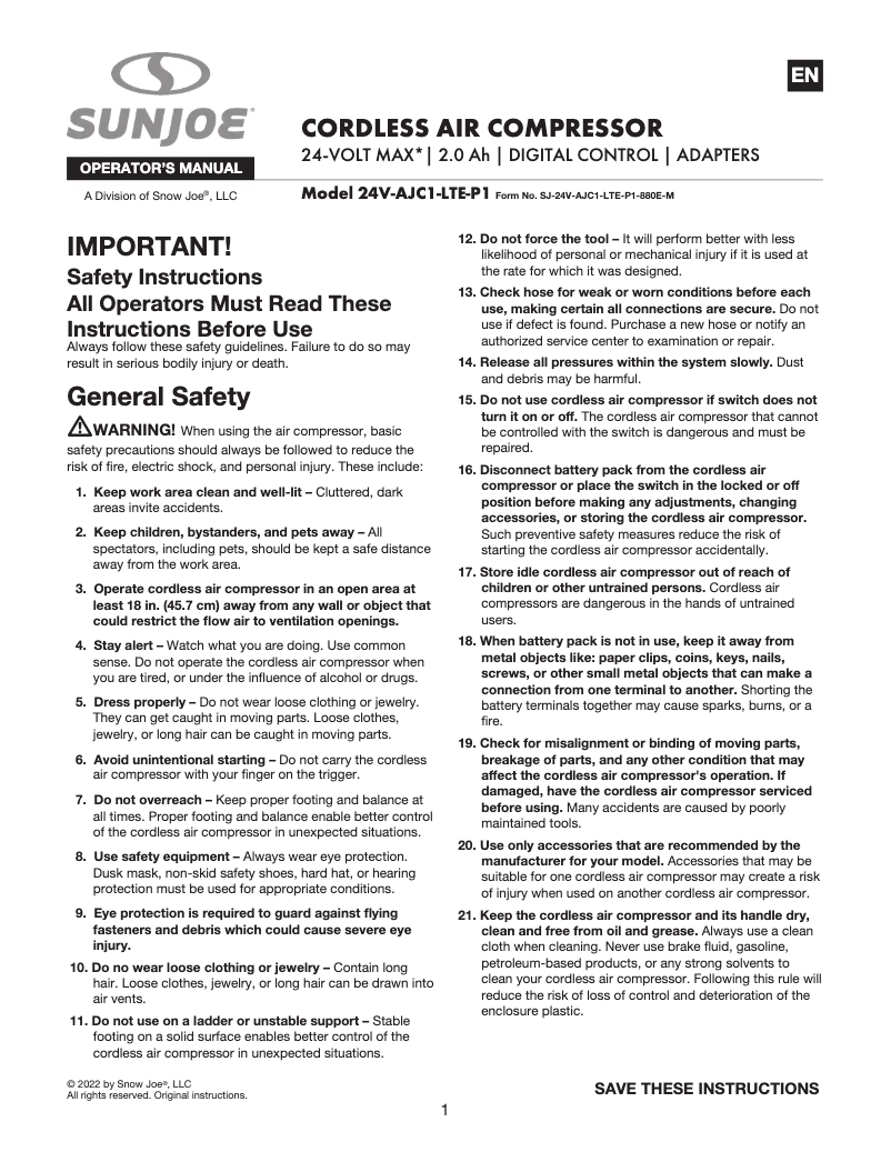 Page 1 de la notice Manuel utilisateur Auto Joe 24V-AJC1-LTE-P1