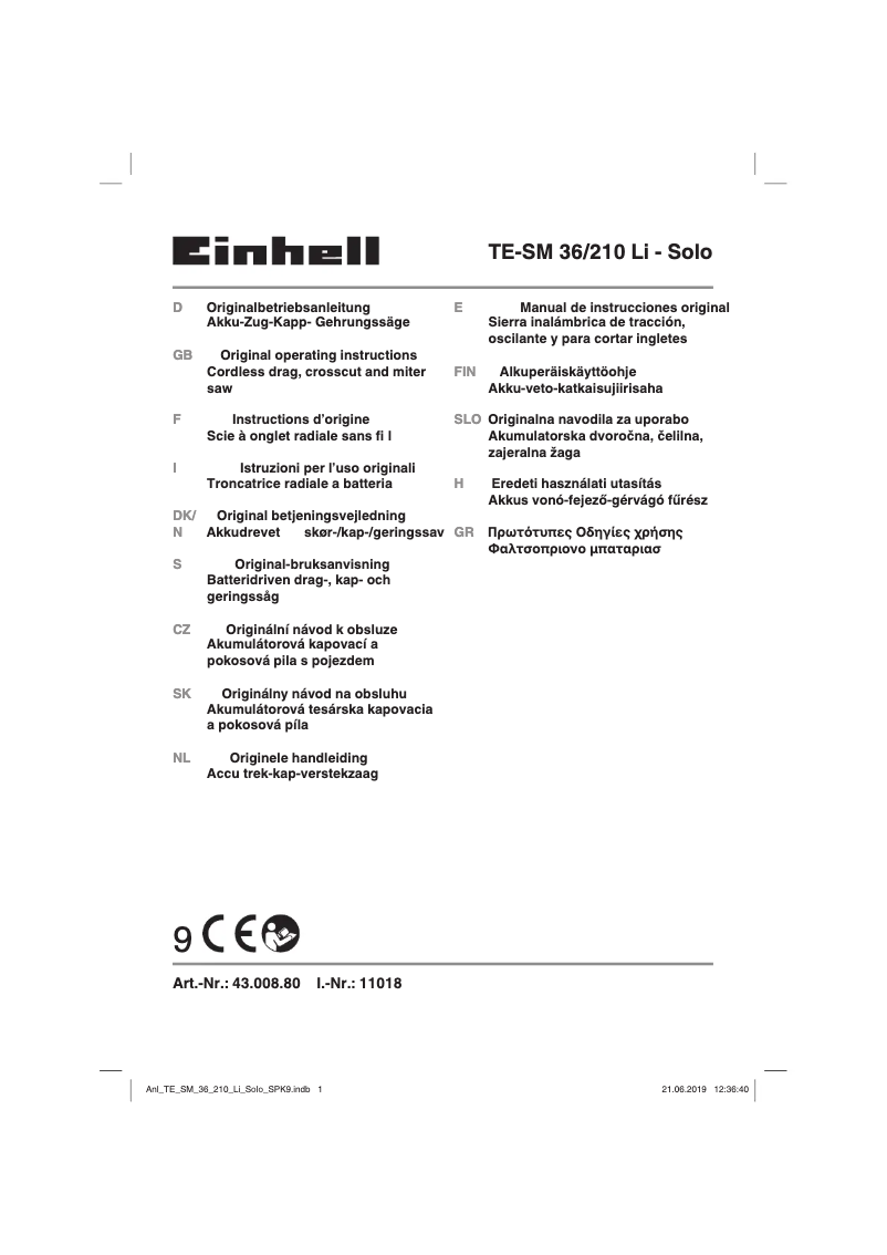 Page 1 de la notice Manuel utilisateur Einhell TE-SM 36/210 Li Solo