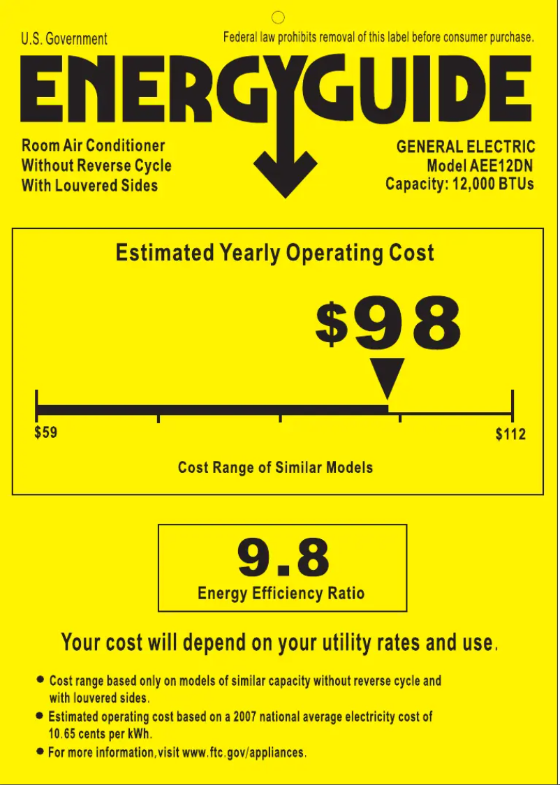 Page 1 de la notice Label énergétique GE AEE12DN