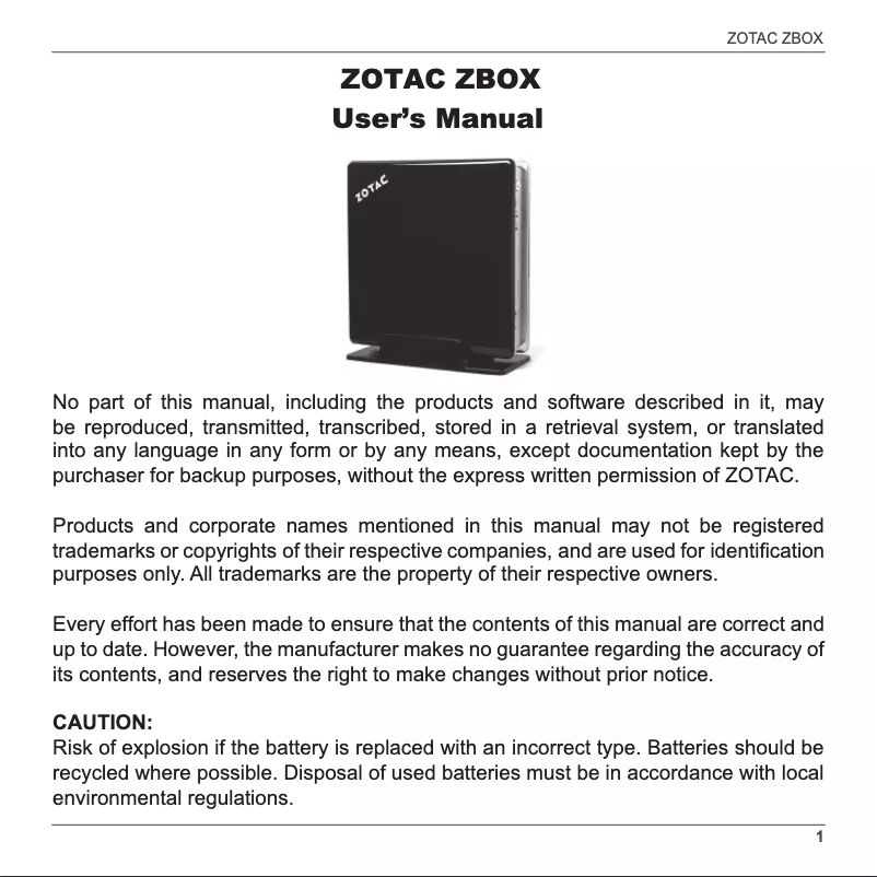 Page 1 de la notice Manuel utilisateur Zotac ZBOX MI551
