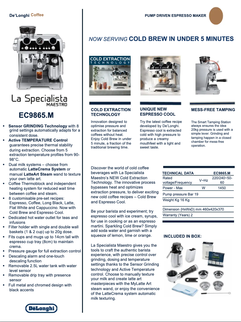 Page n°1 - Fiche technique DeLonghi La Specialista Maestro EC9865M