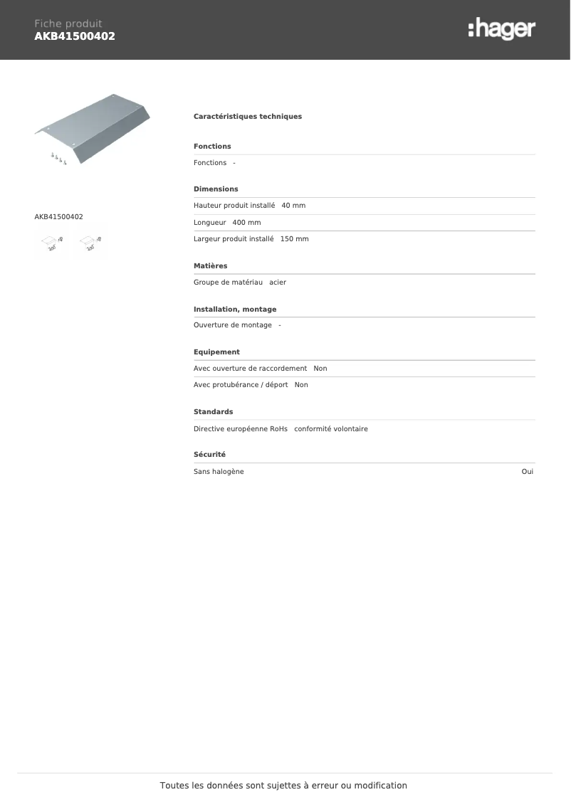 Page 1 de la notice Fiche technique Hager AKB41500402