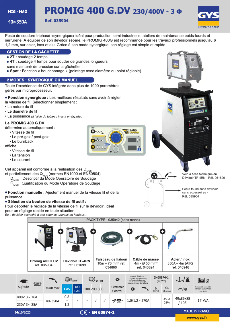 Page 1 de la notice Fiche technique GYS Promig 400 G DV