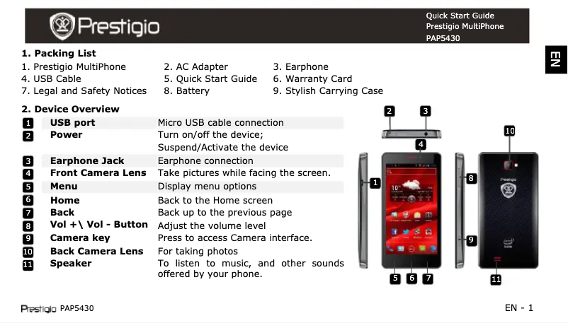 Page n°1 - Guide de démarrage rapide Prestigio MultiPhone 5430