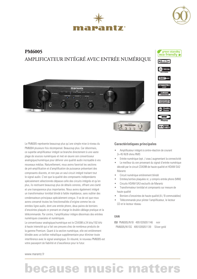 Página 1 del manual Ficha técnica Marantz PM6005