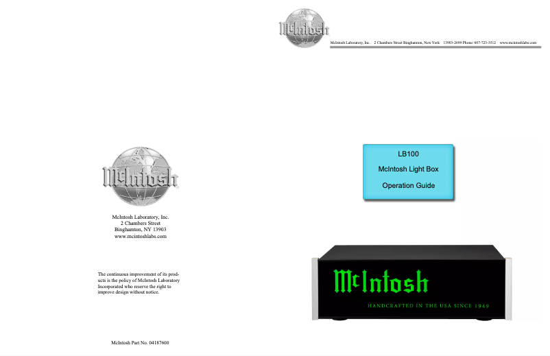 Page 1 de la notice Manuel utilisateur McIntosh LB100