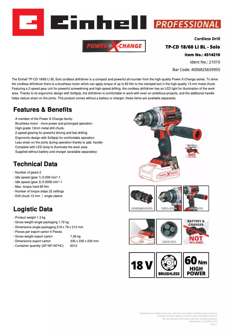 Page n°1 - Fiche technique Einhell TP-CD 18/60 Li BL