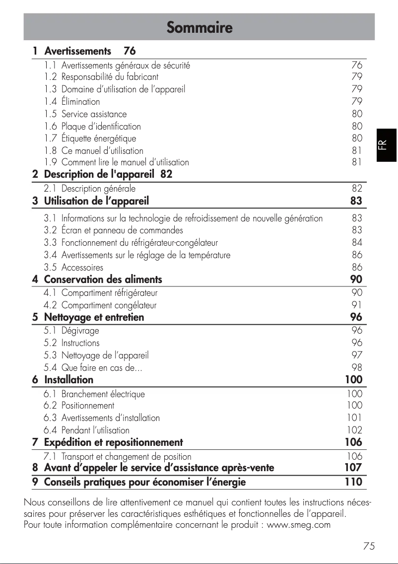 Page 1 de la notice Manuel utilisateur Smeg FAB38RRD