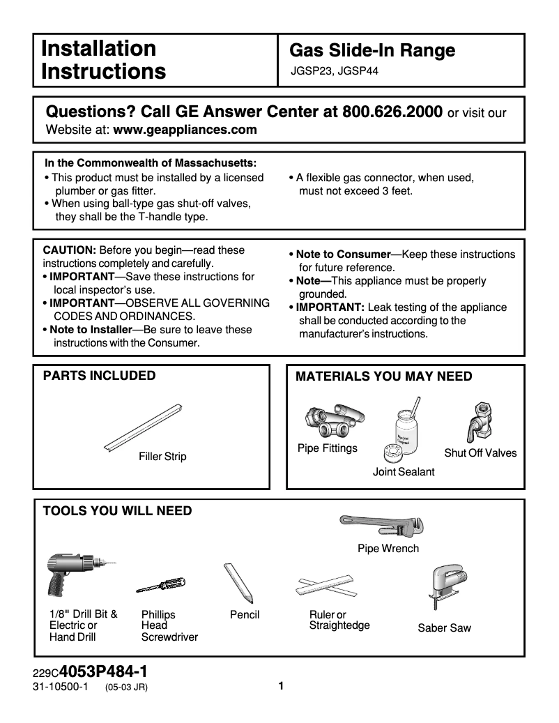 Page 1 de la notice Guide d'installation GE Profile JGSP44WEYWW