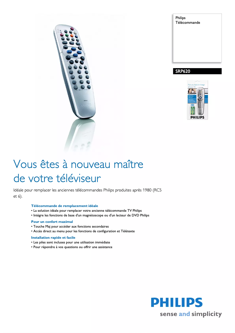 Page 1 de la notice Fiche technique Philips SRP620