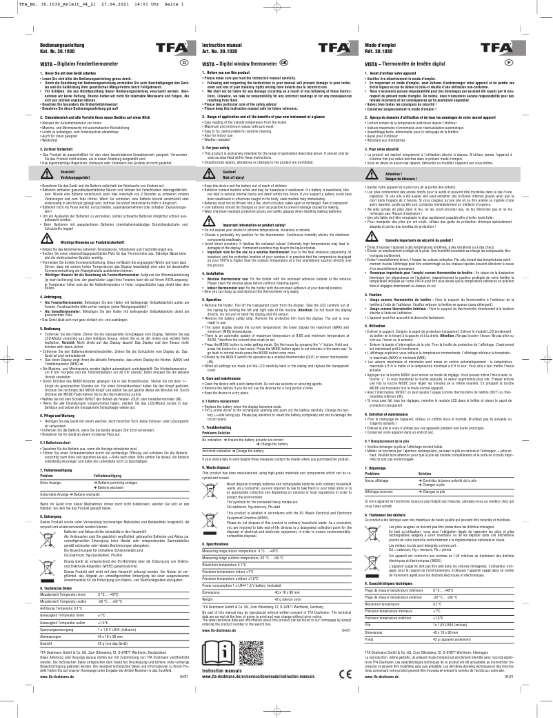 Image de la première page du manuel de l'appareil Vista 30.1030