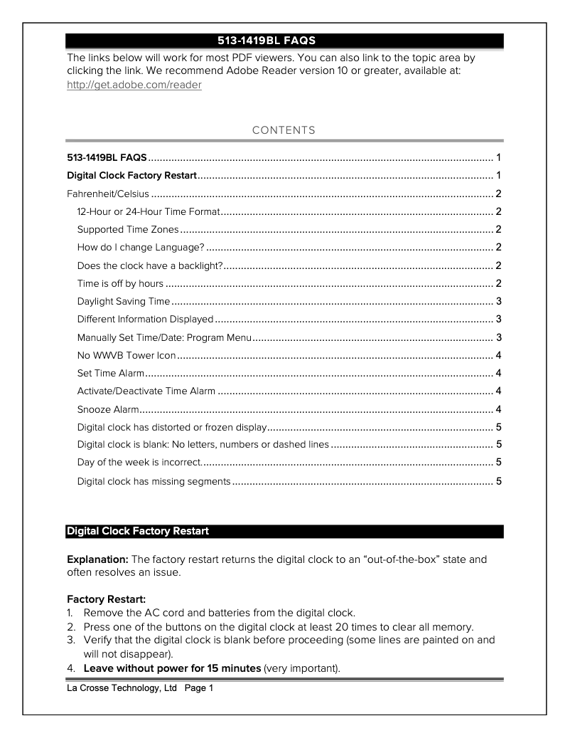 Page n°1 - FAQ La Crosse Technology 513-1419BLV4