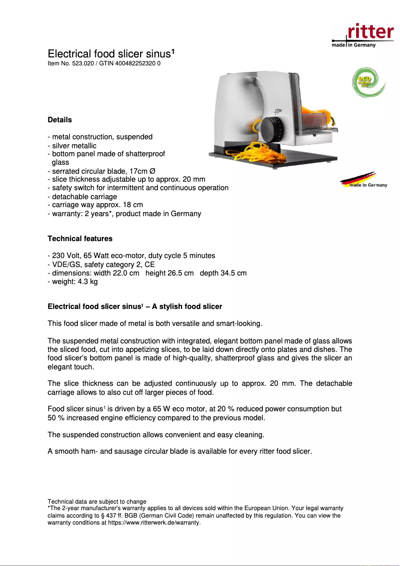 Page 1 de la notice Fiche technique Ritter Sinus 1