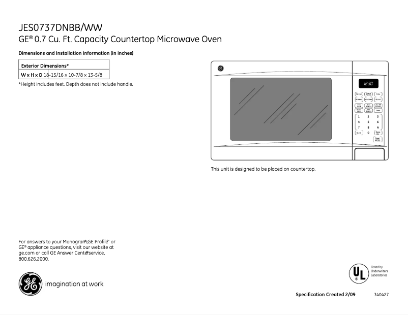 Página 1 del manual Ficha técnica GE JES0737DNWW