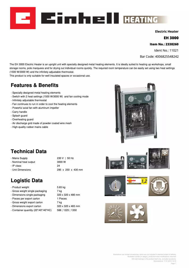 Page 1 de la notice Fiche technique Einhell EH 3000