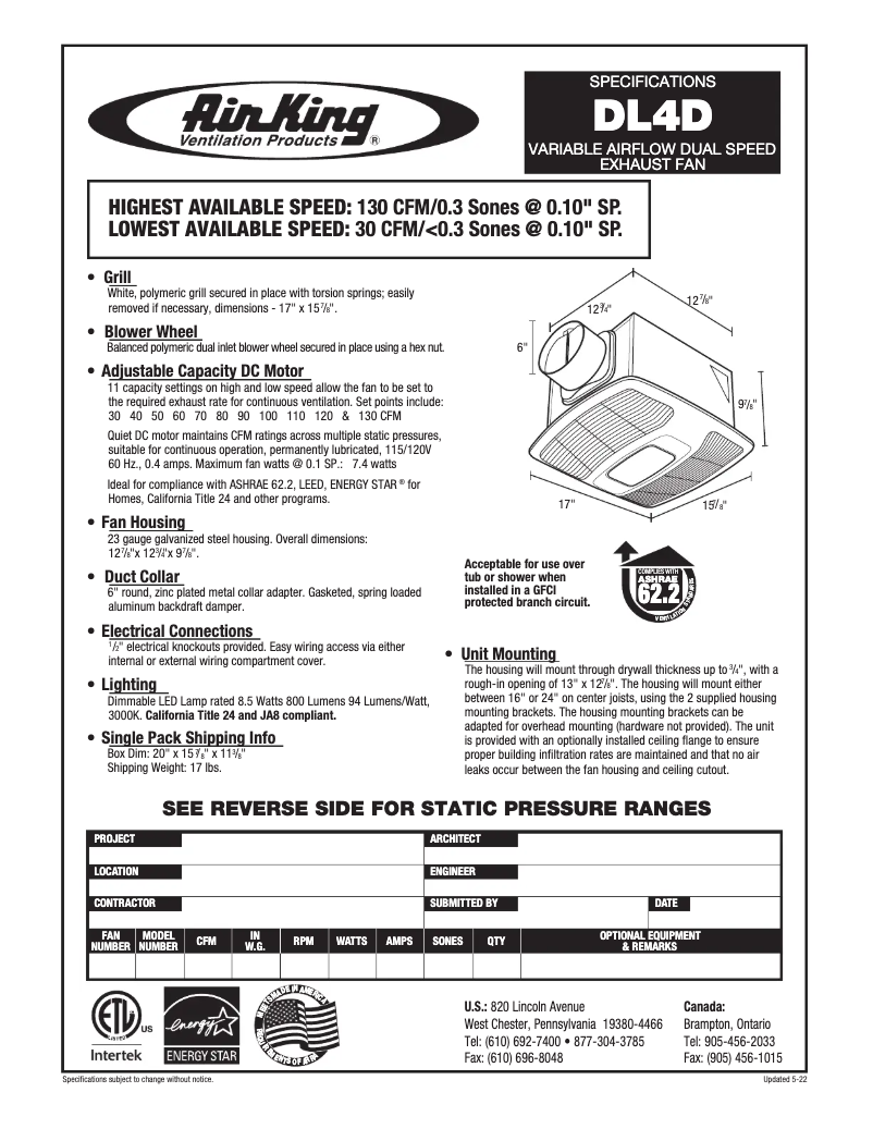 Page n°1 - Fiche technique Air King DL4D