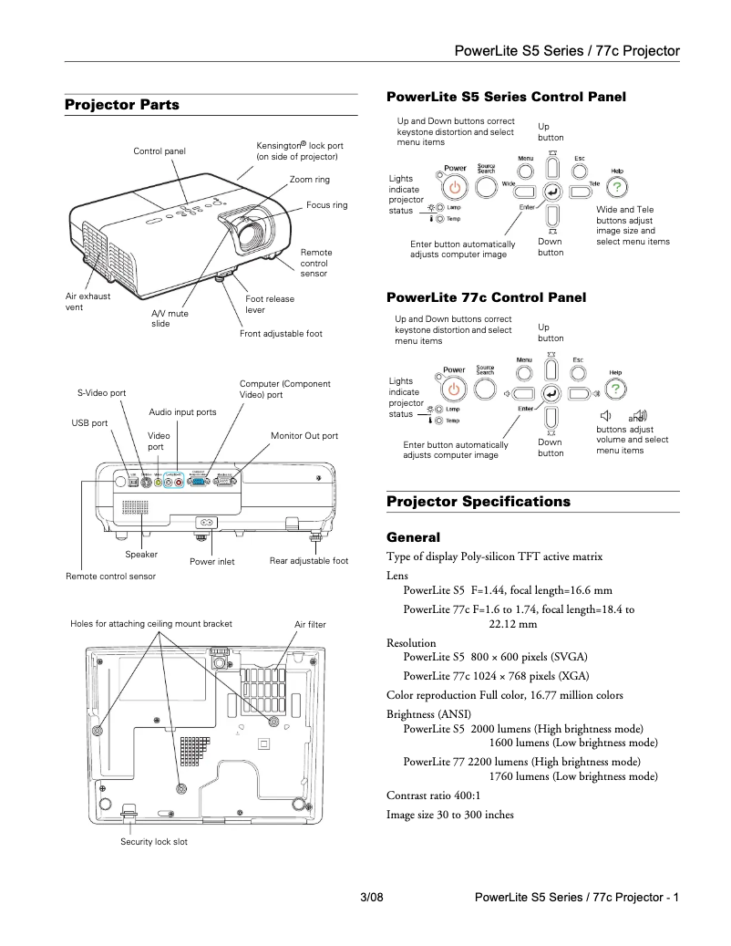 Imagen de la primera página del manual del dispositivo PowerLite 77c