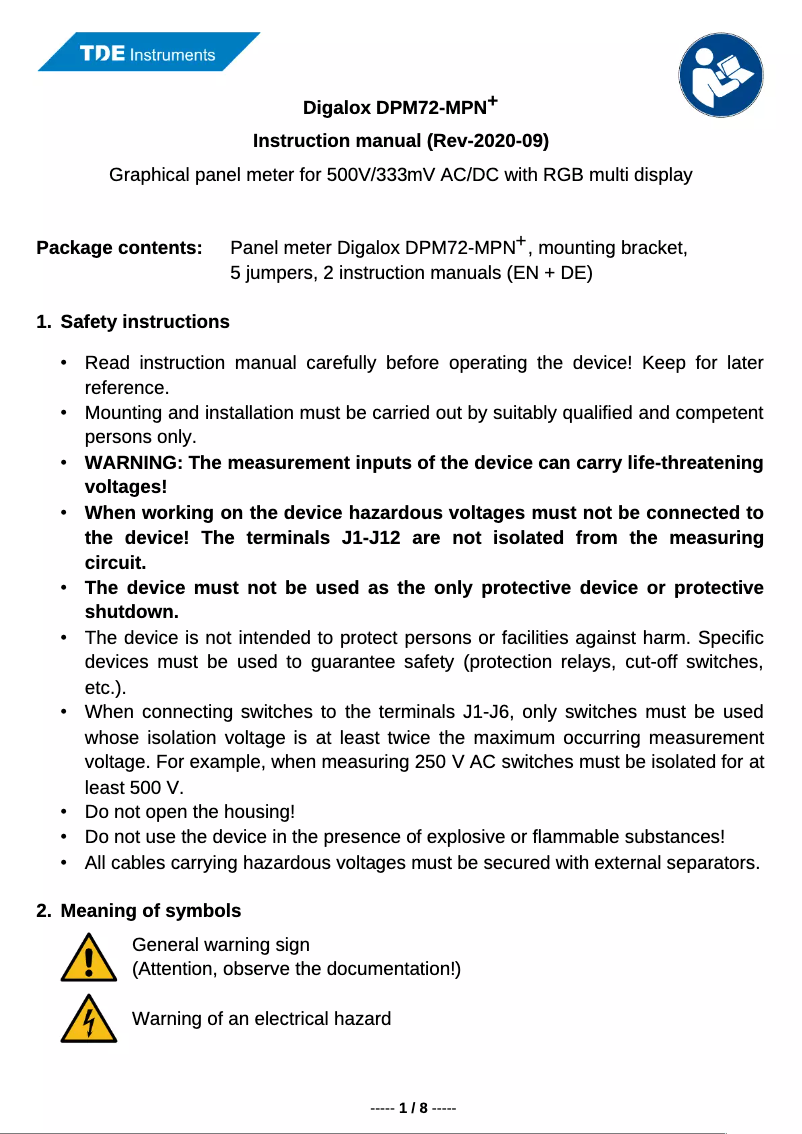 Page 1 de la notice Manuel utilisateur TDE Instruments Digalox DPM72-MPN
