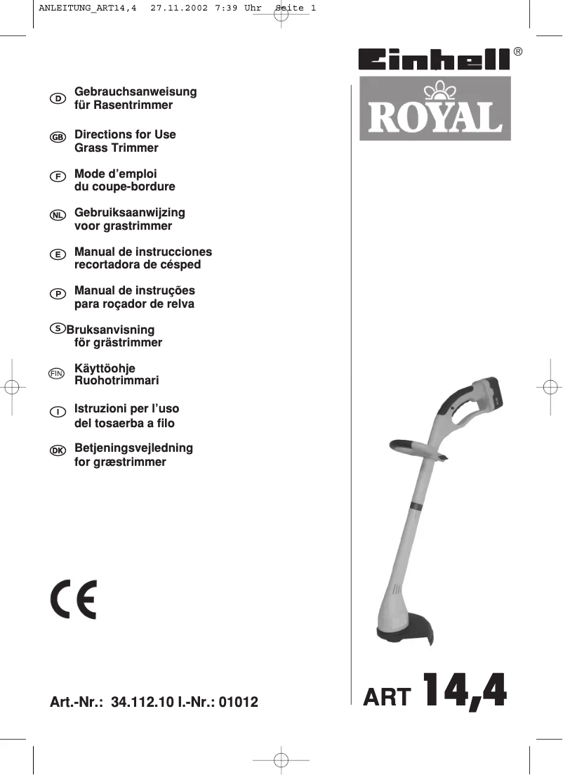Page 1 de la notice Manuel utilisateur Einhell Royal ART 144