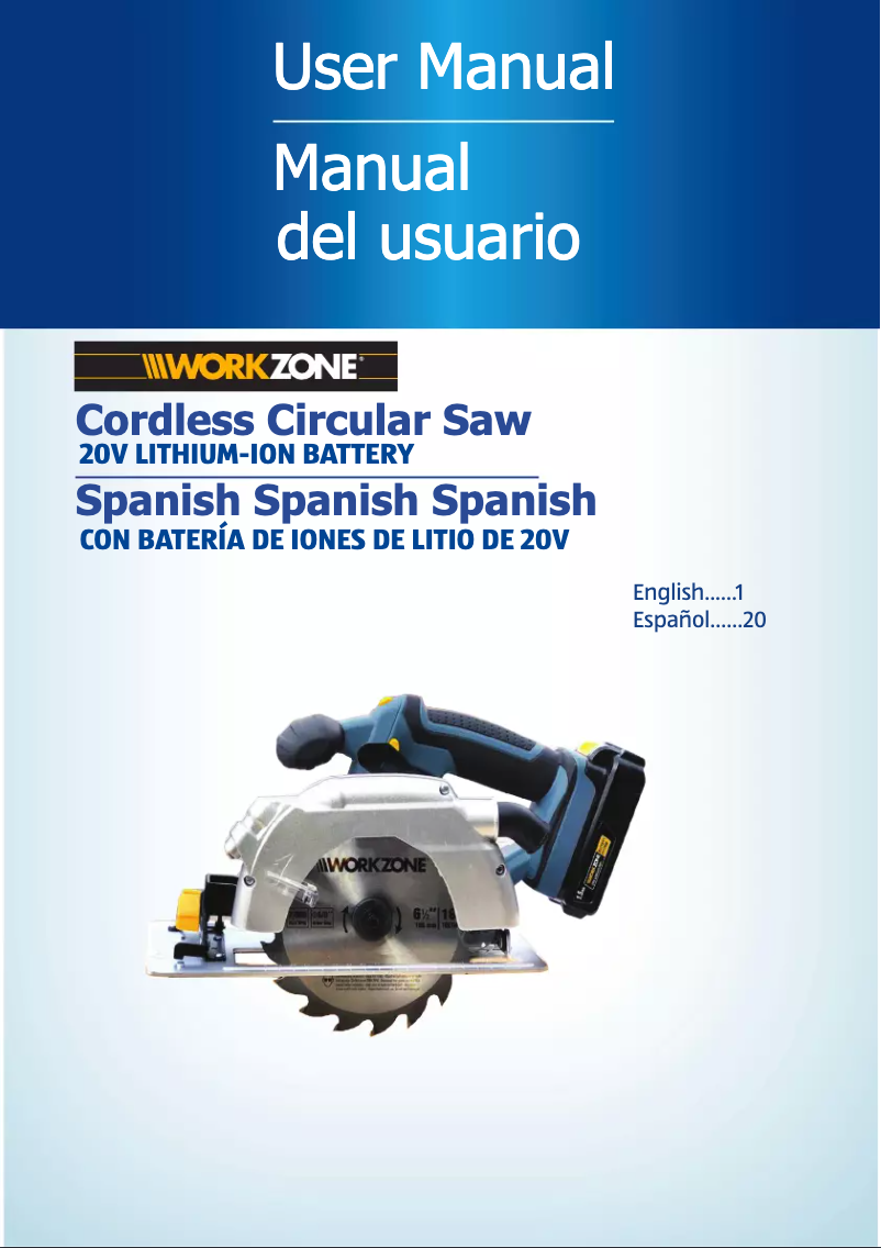 Page n°1 - Manuel utilisateur Workzone 20V Li-Ion Circular Saw PT106401