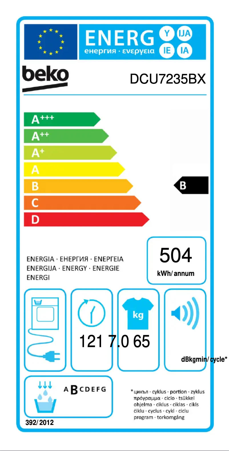 Page 1 de la notice Label énergétique Beko DCU7235BX