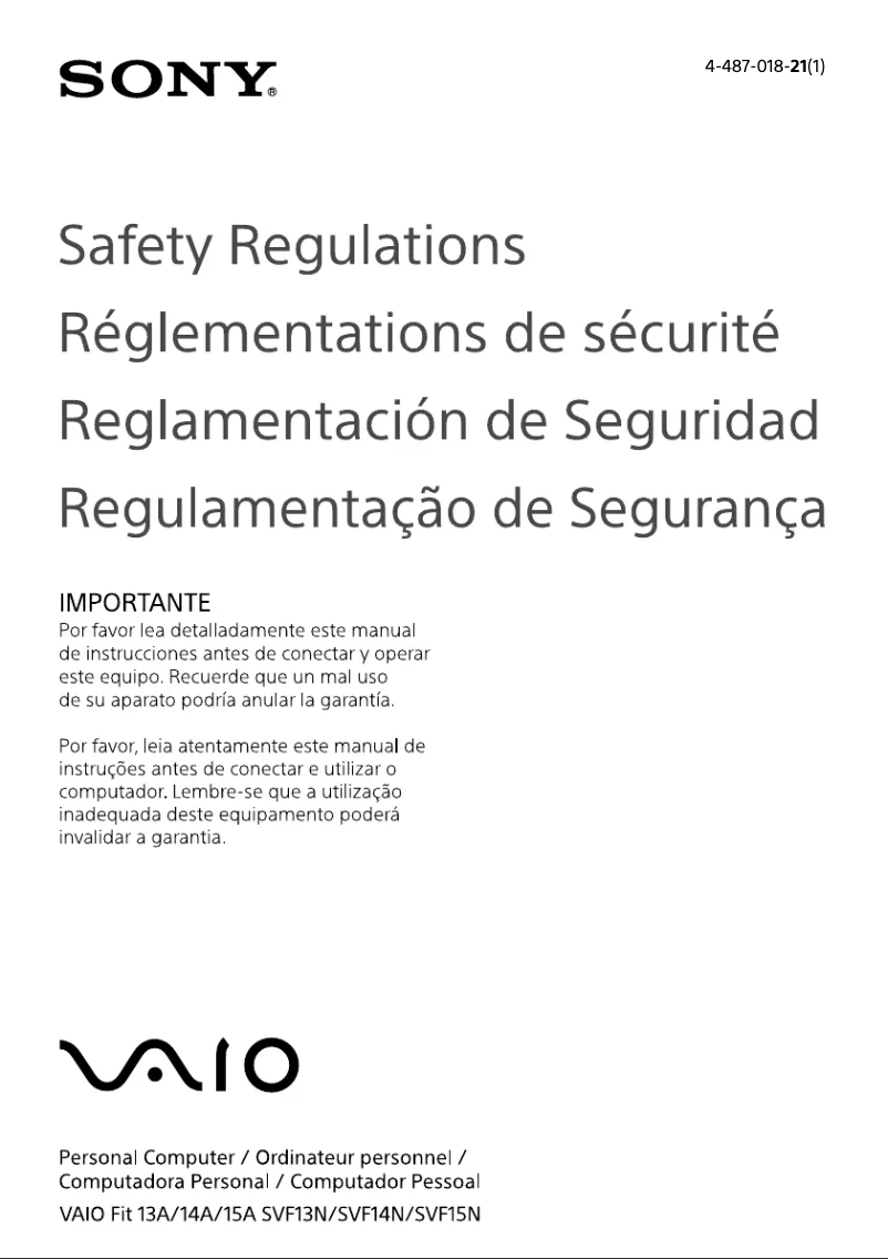 Image de la première page du manuel de l'appareil Vaio Fit 13 SVF13N13CXB