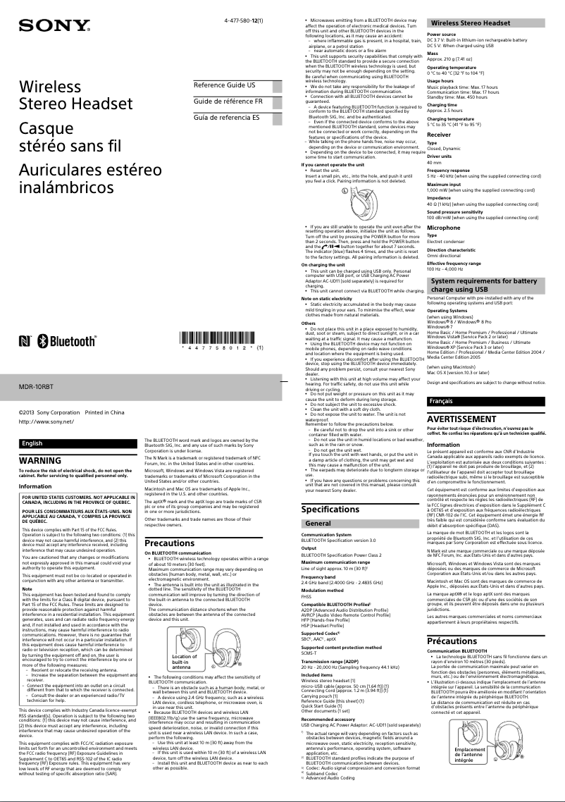 Image de la première page du manuel de l'appareil MDR-10RBT
