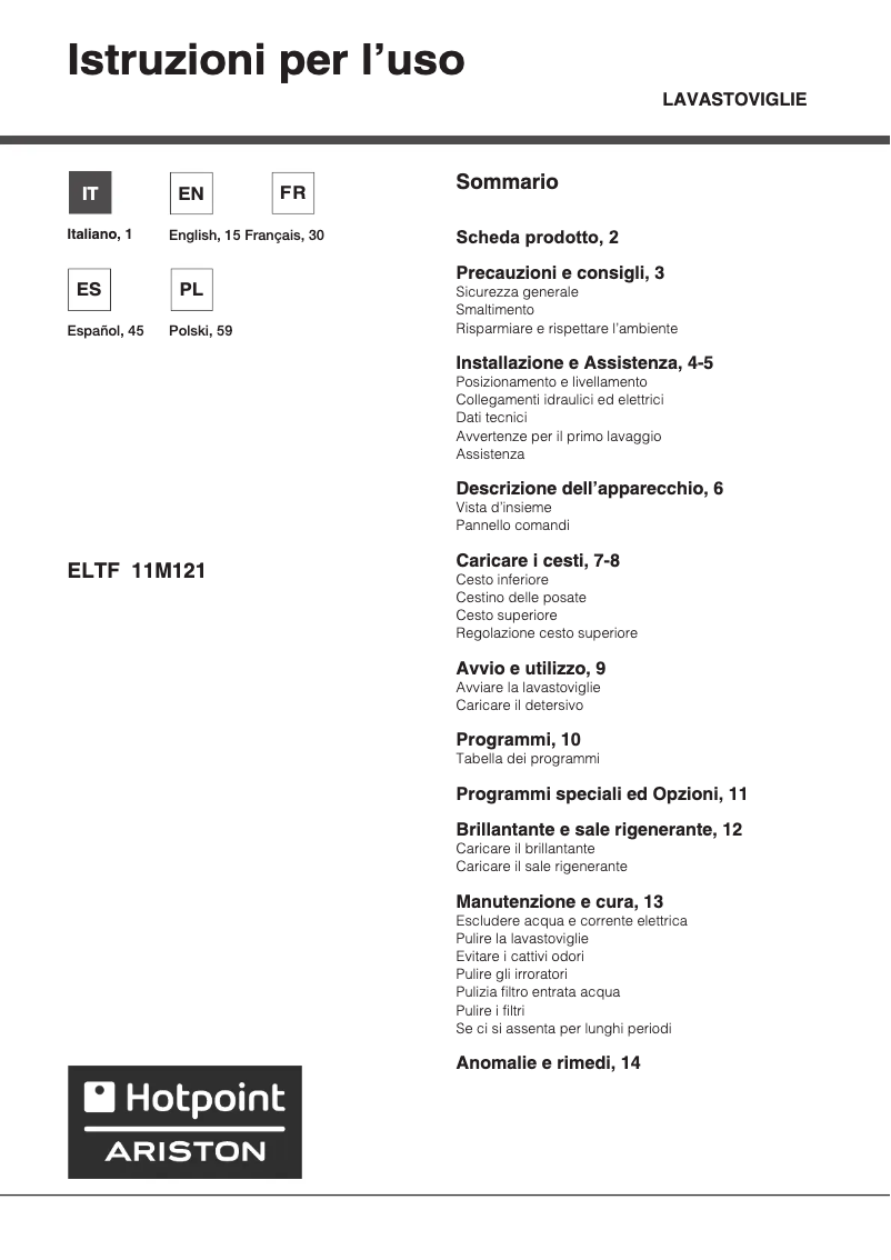 Page 1 de la notice Manuel utilisateur Hotpoint Ariston ELTF 11M121 C EU