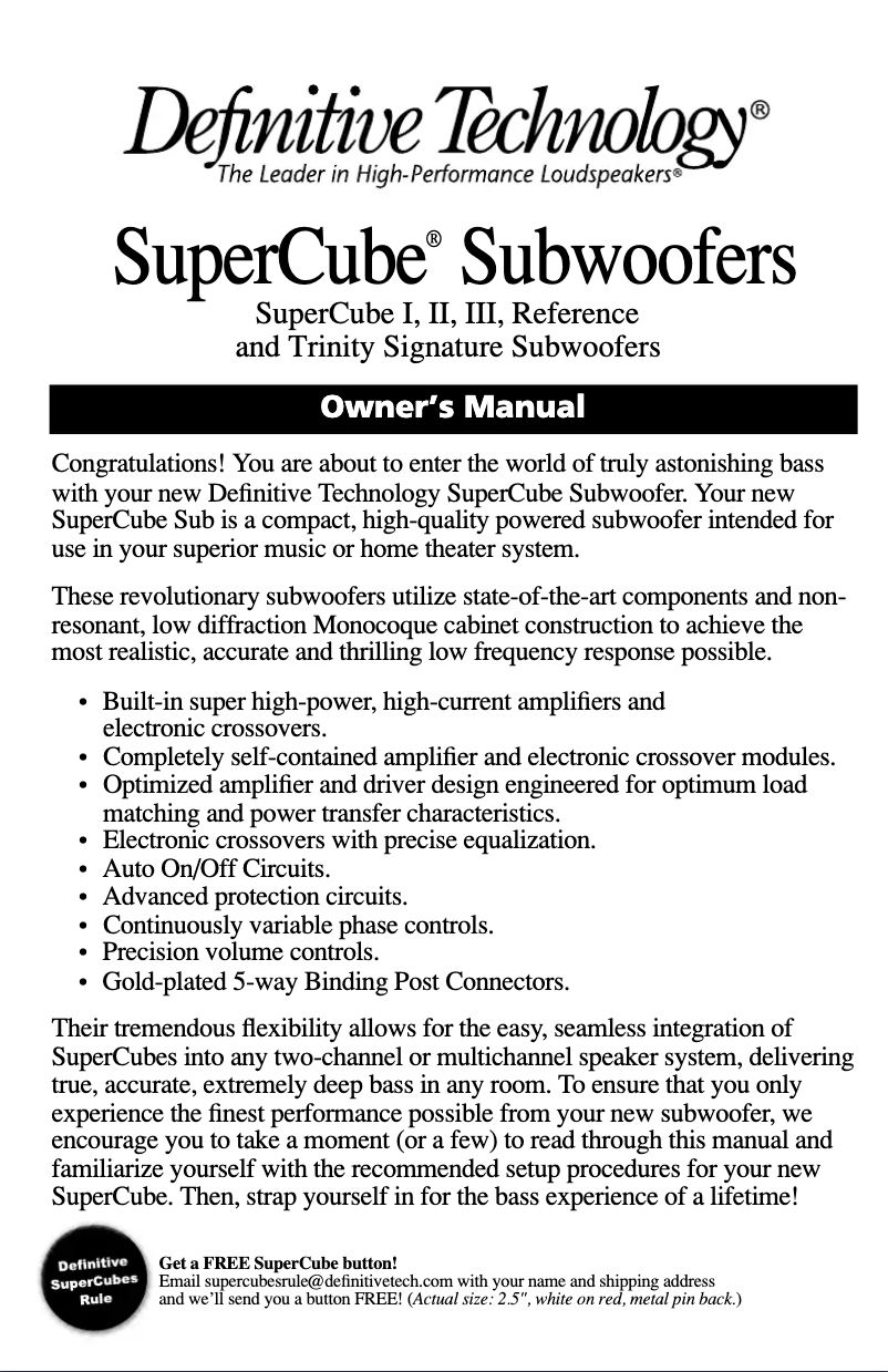 Page 1 de la notice Manuel utilisateur Definitive Technology SuperCube 2000
