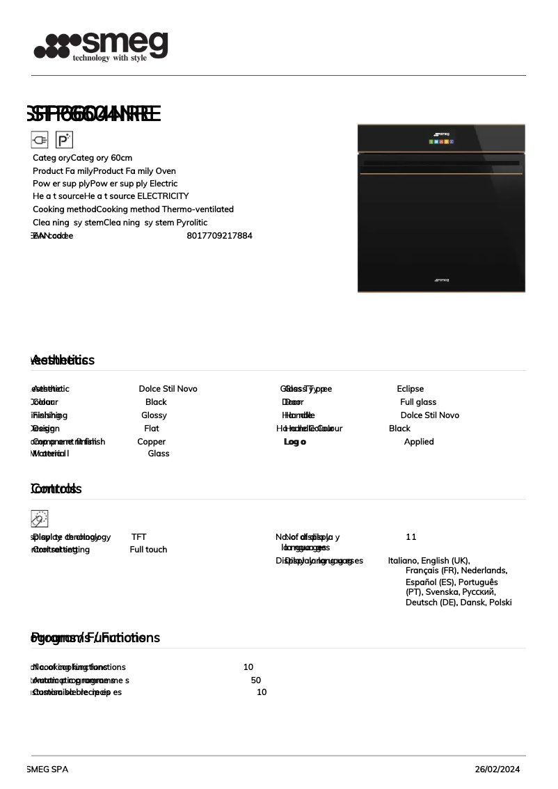 Page n°1 - Fiche technique Smeg SFP6604NRE