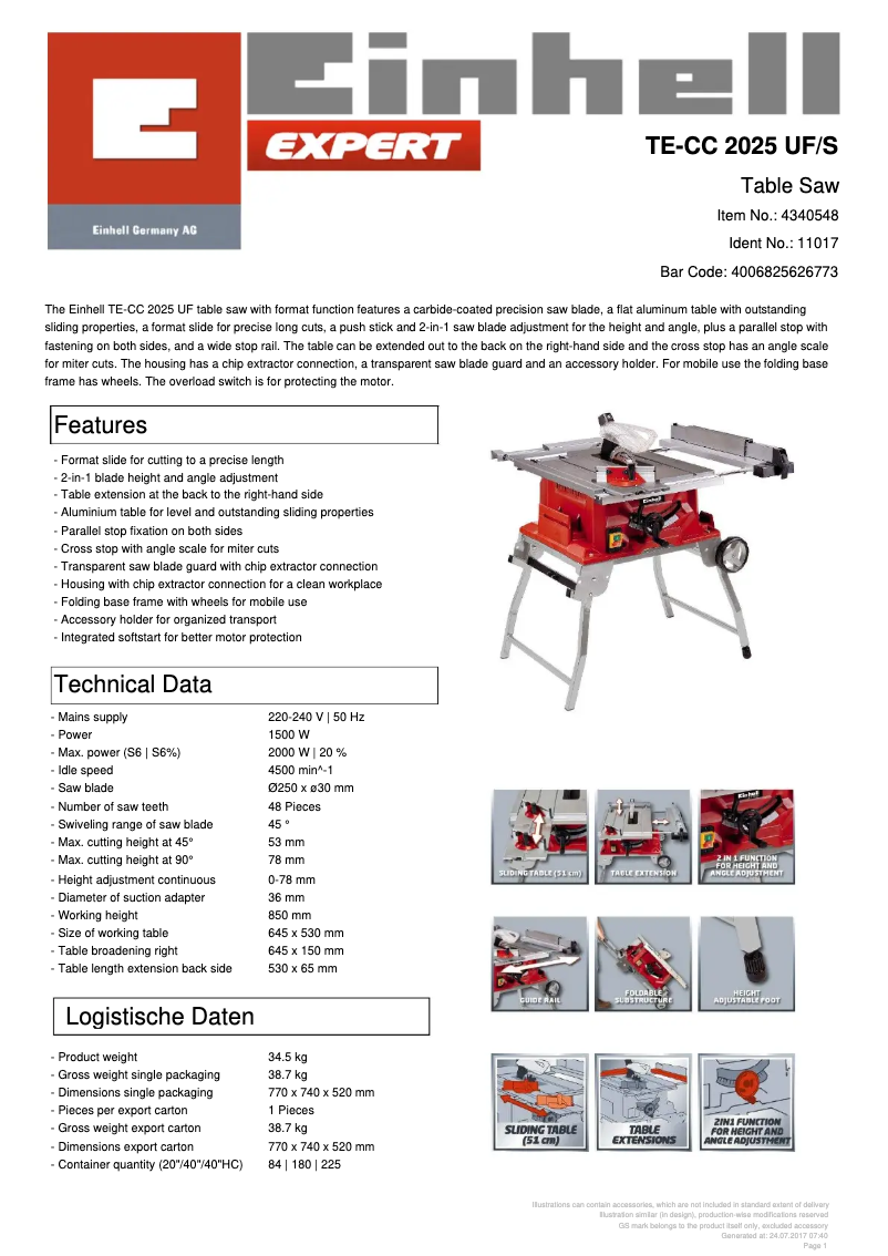 Page 1 de la notice Fiche technique Einhell TE-CC 2025 UF/S