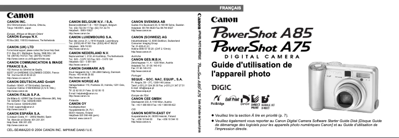 Imagen de la primera página del manual del dispositivo PowerShot A85