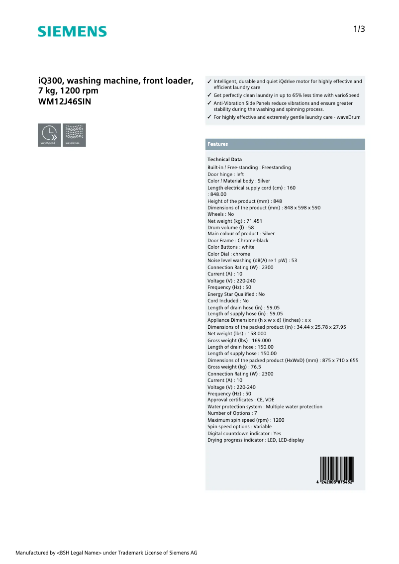 Page 1 de la notice Fiche technique Siemens WM12J46SIN