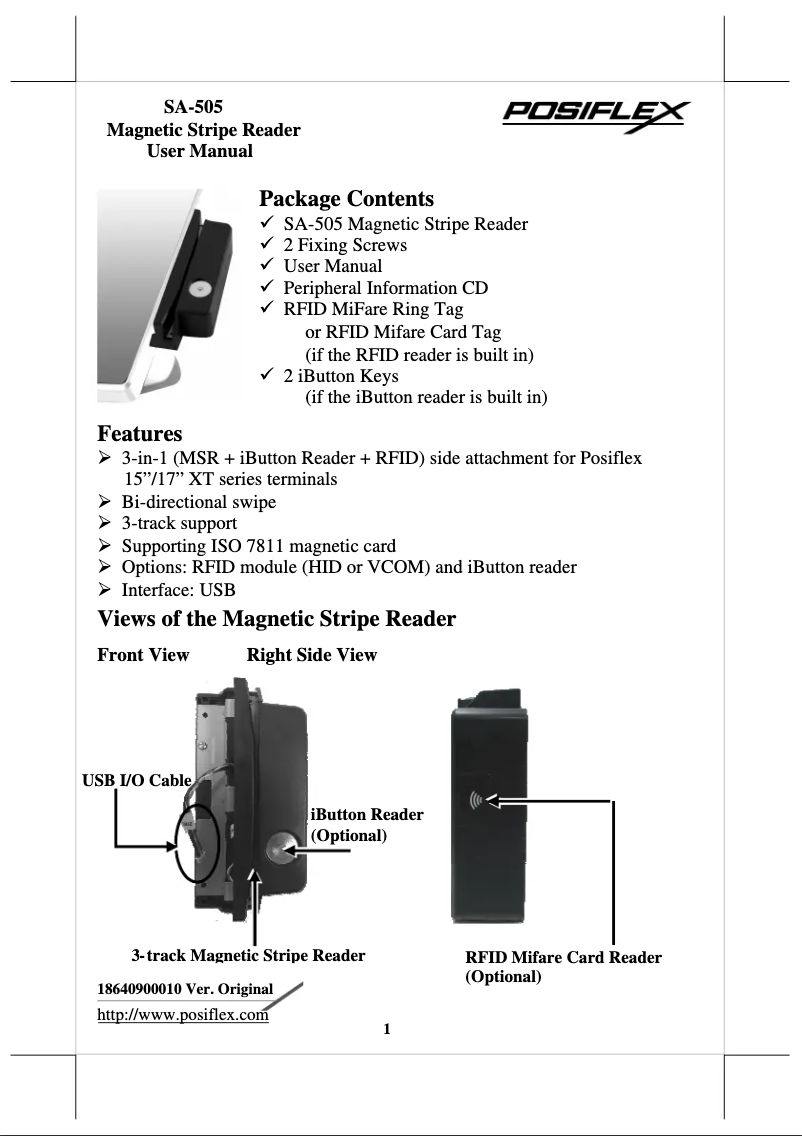 Page 1 de la notice Manuel utilisateur Posiflex SA-505Z