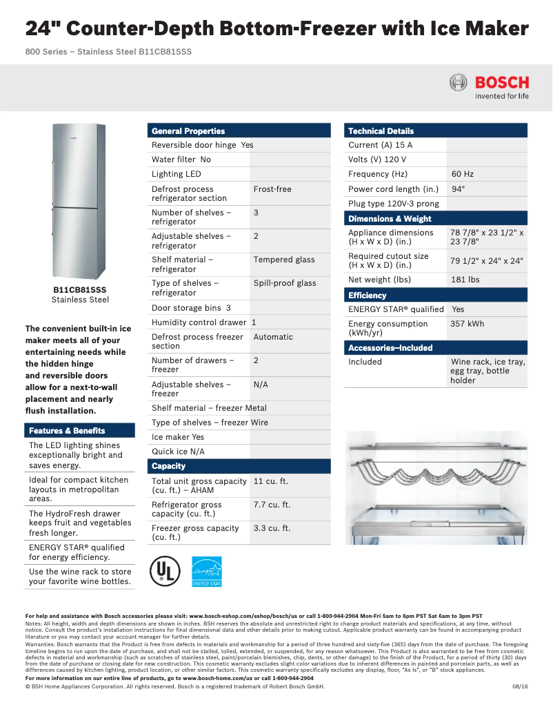 Page 1 of the manual Technical Sheet Bosch B11CB81SSS