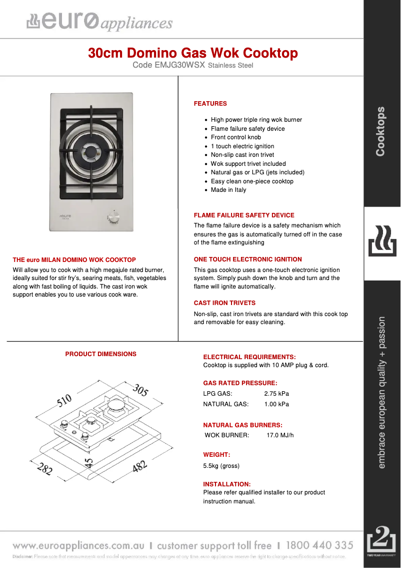 Page 1 de la notice Fiche technique Euro Appliances EMJG30WSX