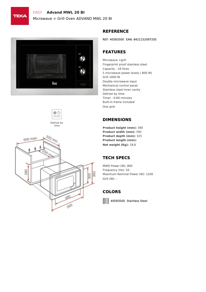 Page 1 de la notice Fiche technique Teka MWL 20 BI