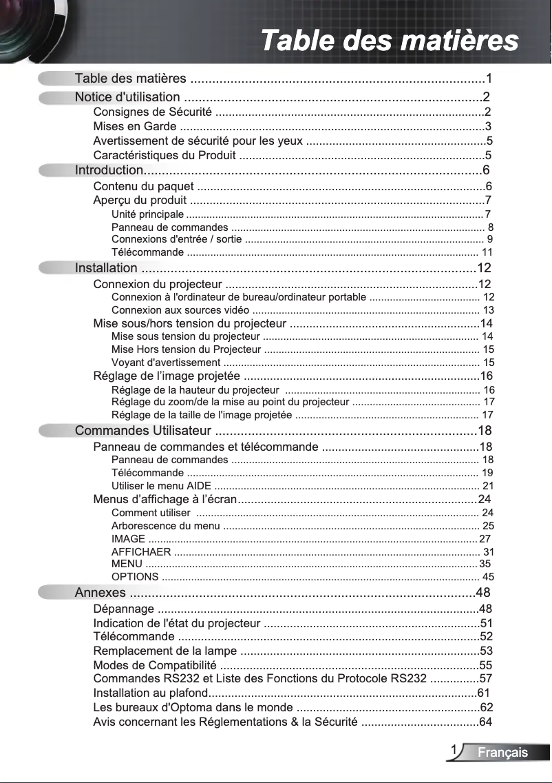 Page n°1 - Manuel utilisateur Optoma EX542