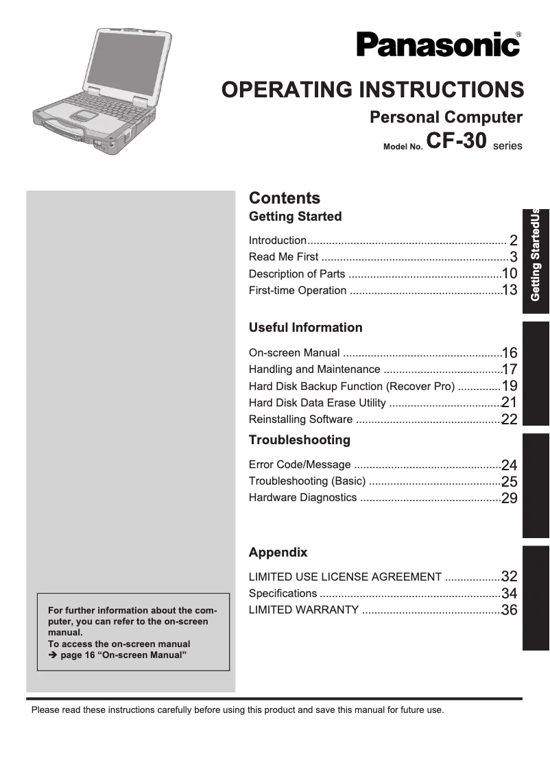 Image de la première page du manuel de l'appareil Toughbook CF-30C