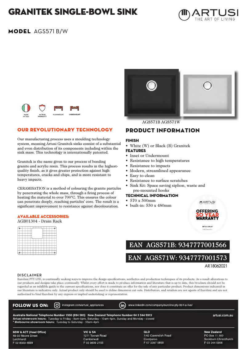 Page 1 de la notice Fiche technique Artusi AGS571W