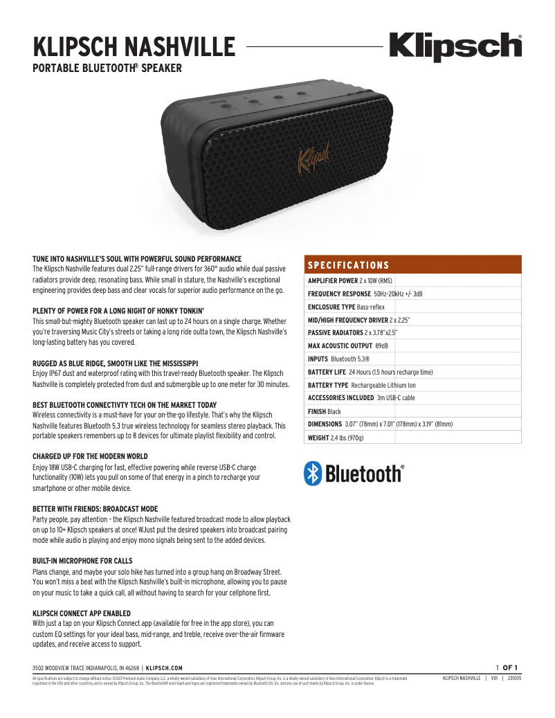 Page n°1 - Fiche technique Klipsch Nashville