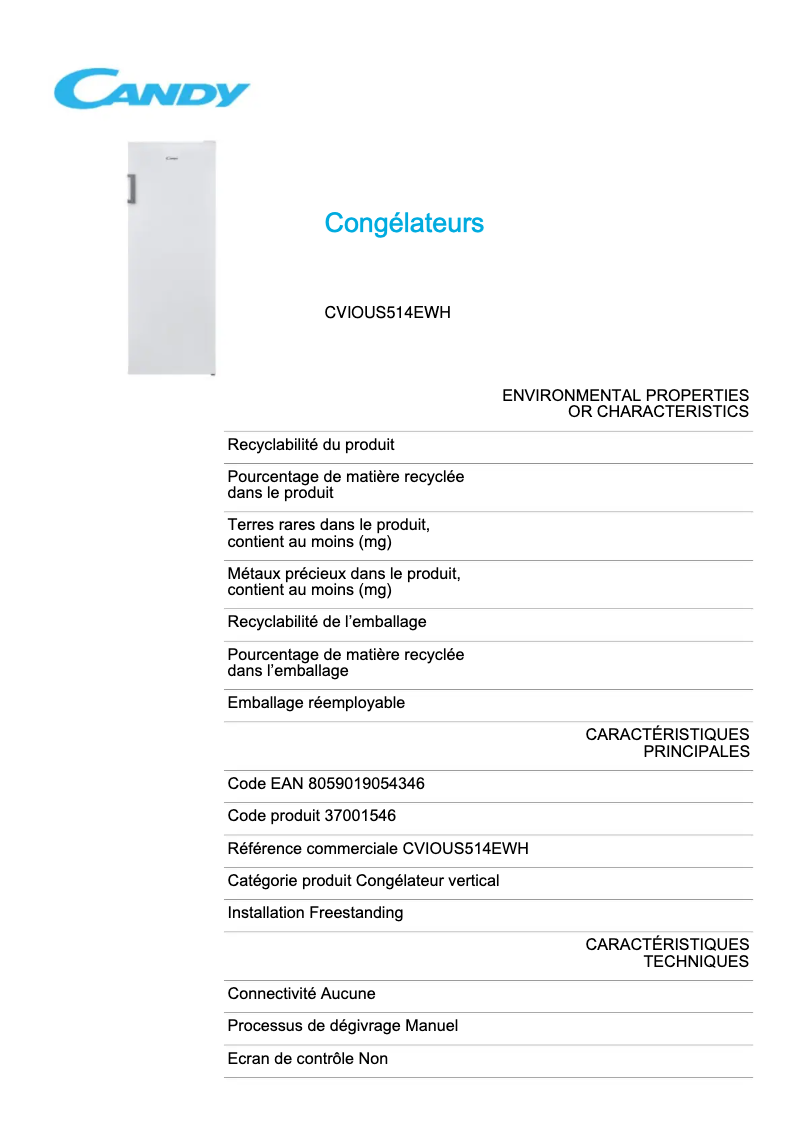Page 1 de la notice Fiche technique Candy CVIOUS514EWH